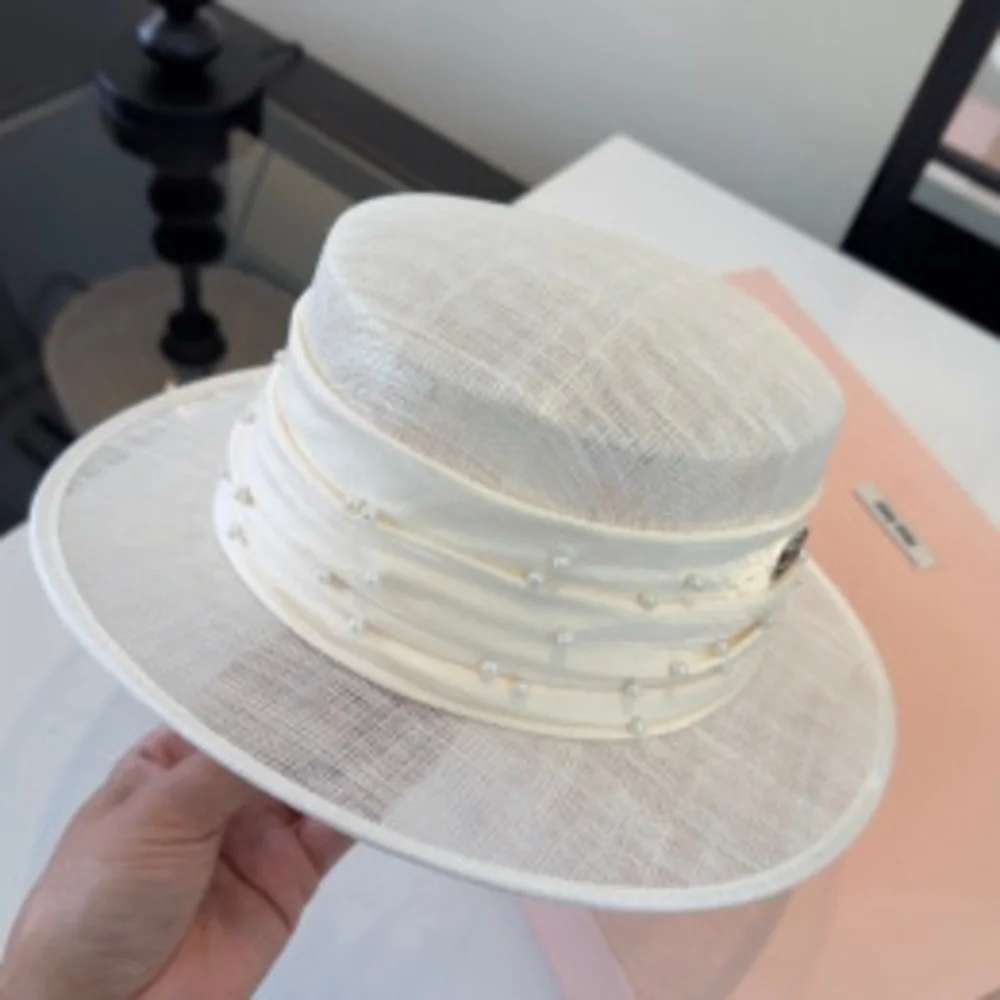 ♡ Miu Miu 𓂃 Pearl Decor Boater Hat ⋆ Crystal Logo